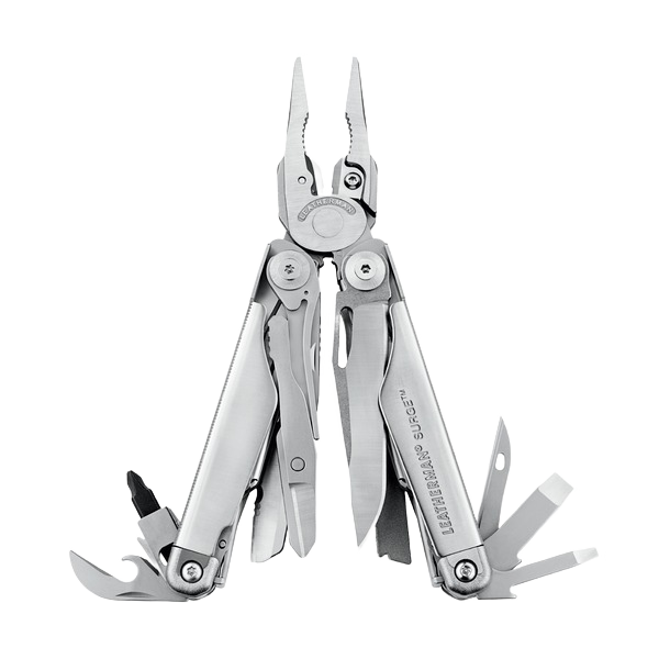 Stainless steel multi-tool with pliers, blades, and assorted cutting and hand tools for woodworking and home improvement tasks