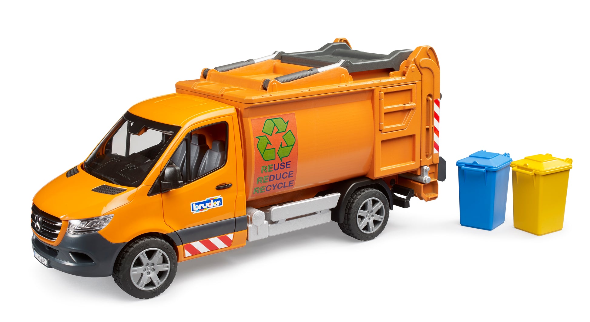 Orange toy waste collection truck with two blue and yellow recycling bins, designed for tools and home improvement play