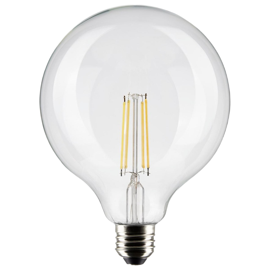 Clear glass LED light bulb with medium base and warm white filament for home lighting and electrical use