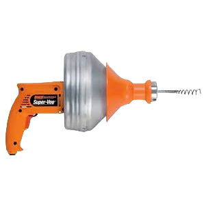 Orange handheld drain cleaning tool with slide-action chuck and coiled cable, designed for plumbing and rental use at Hartville Hardware.