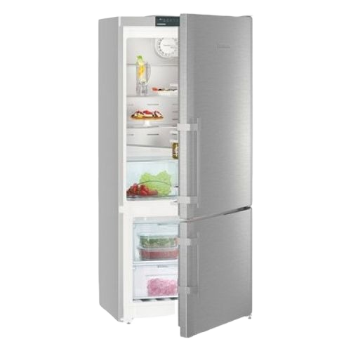 Freestanding stainless steel refrigerator and freezer with dual doors, interior adjustable shelves, and clear crisper drawers in appliances collection