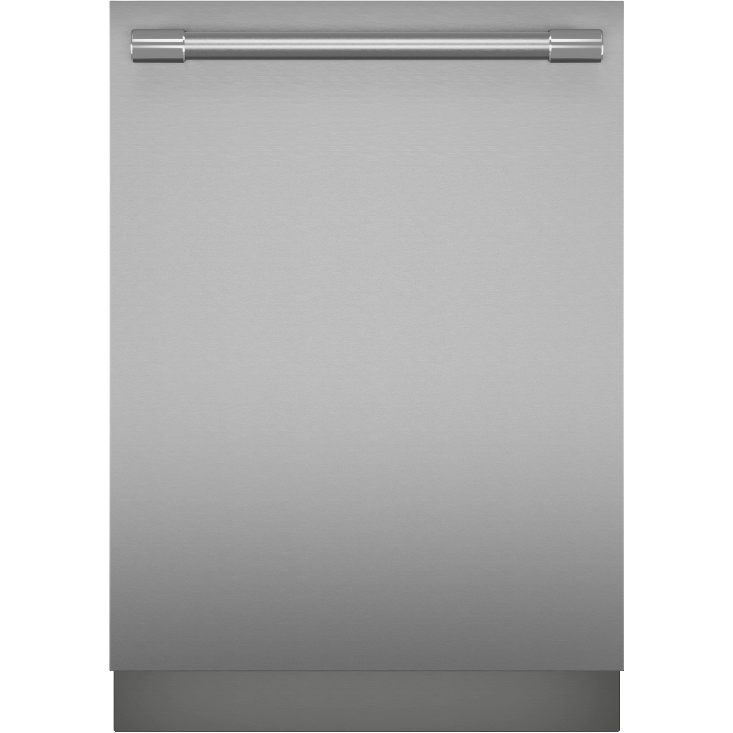 Front view of a stainless steel professional dishwasher with horizontal handle for modern kitchen and appliance storage
