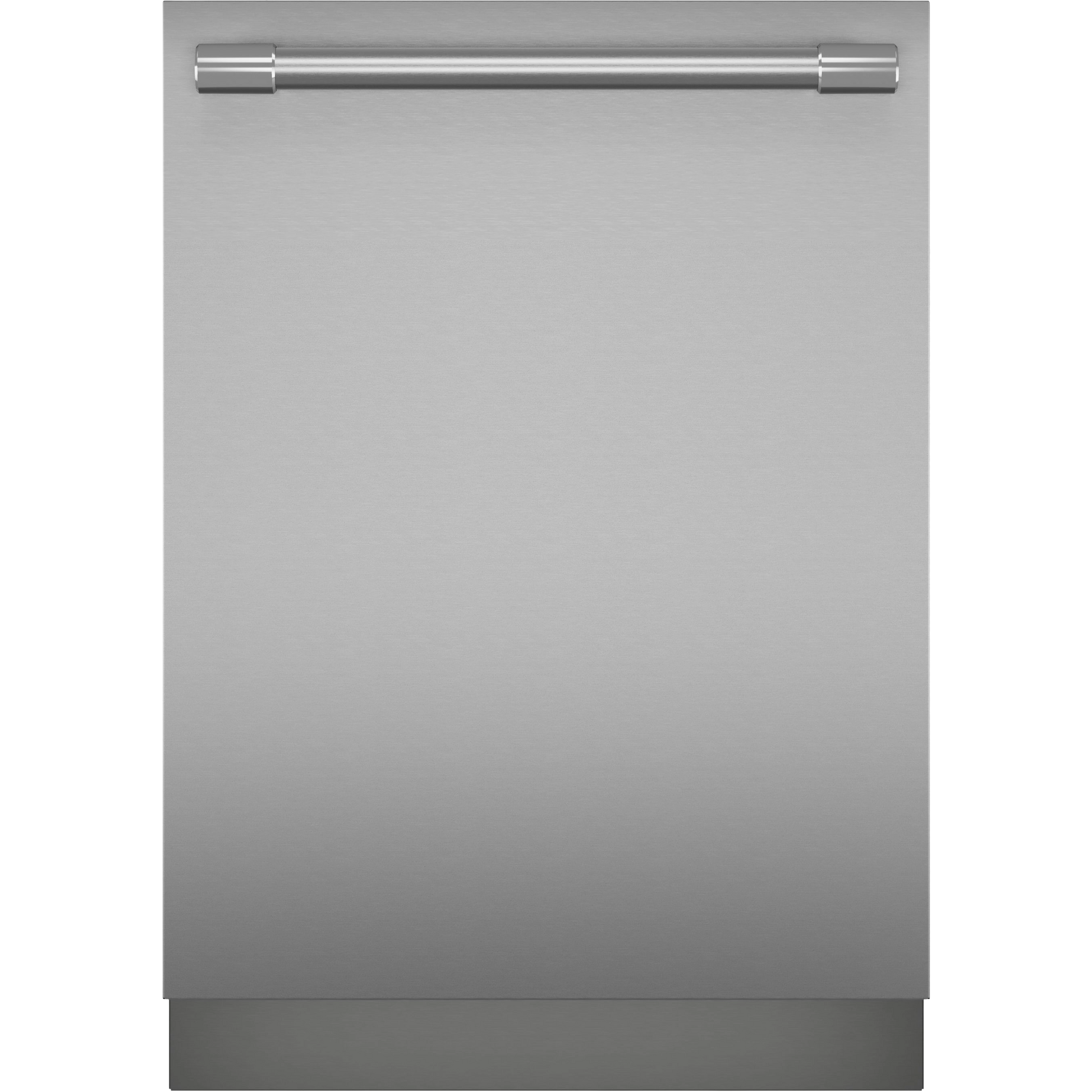 Front view of a stainless steel professional dishwasher with horizontal handle for modern kitchen and appliance storage