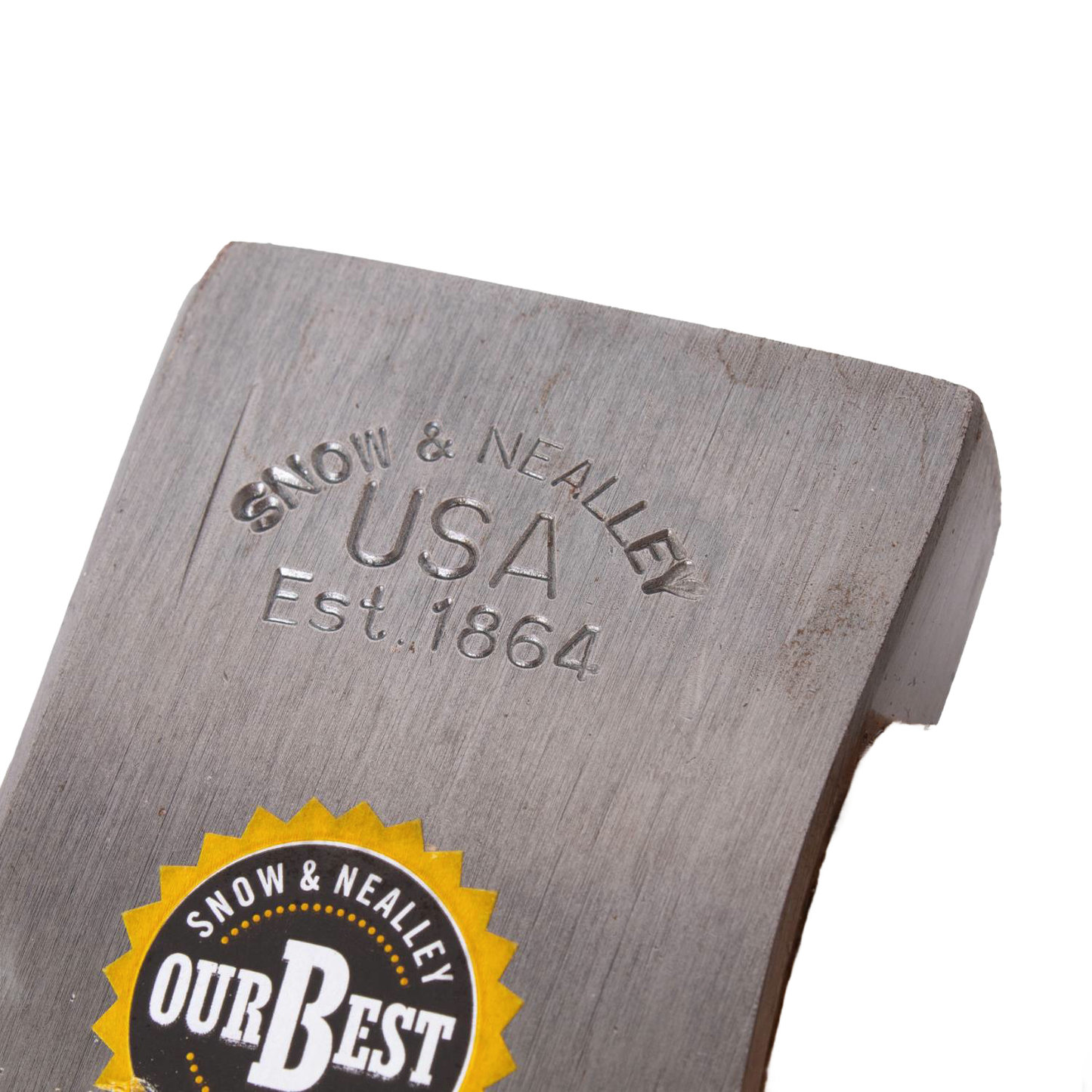 Close-up of etched steel axe head with Snow & Nealley USA logo, ideal for striking and outdoor tool collections under $100