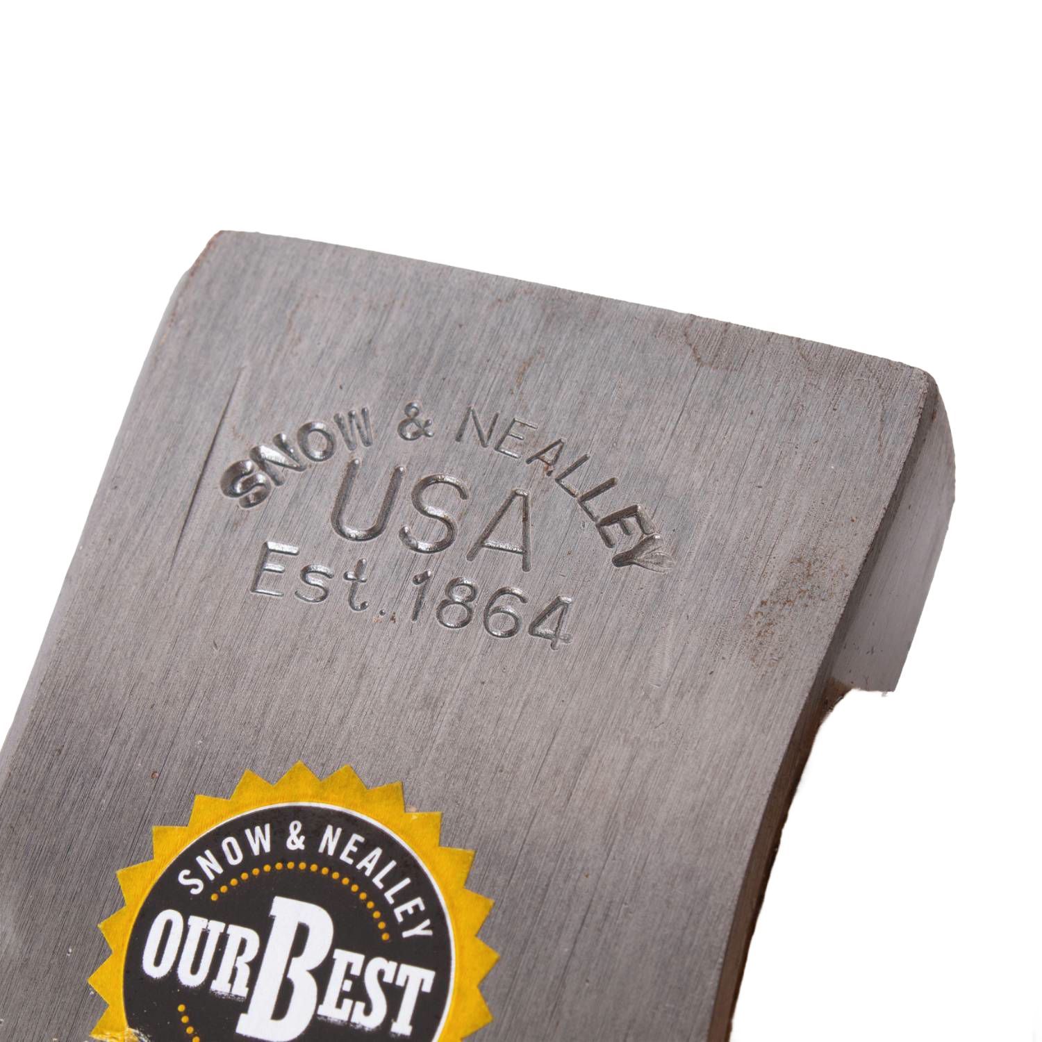 Close-up of etched steel axe head with Snow & Nealley USA logo, ideal for striking and outdoor tool collections under $100