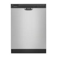 Freestanding dishwasher with silver front panel and black top control panel for kitchen appliances and home improvement tools