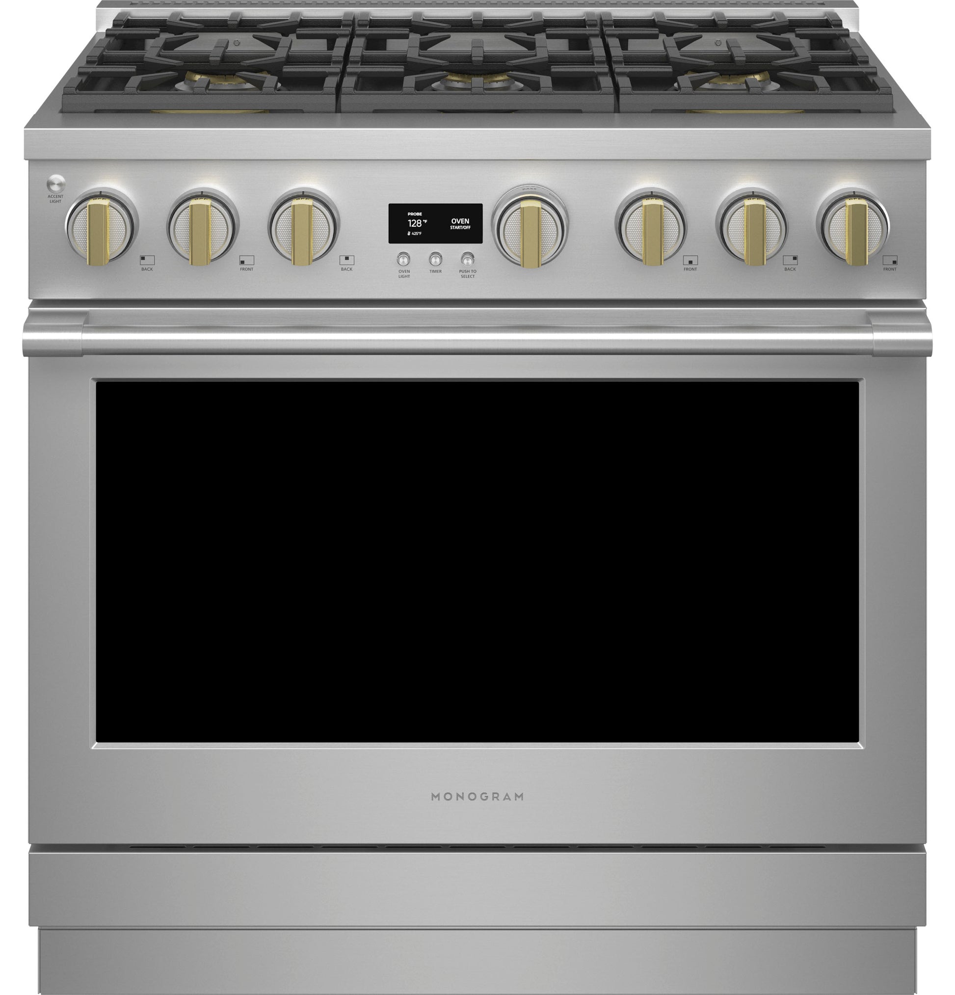 Stainless steel 36-inch gas range with six brass burners and digital display in kitchen appliances collection