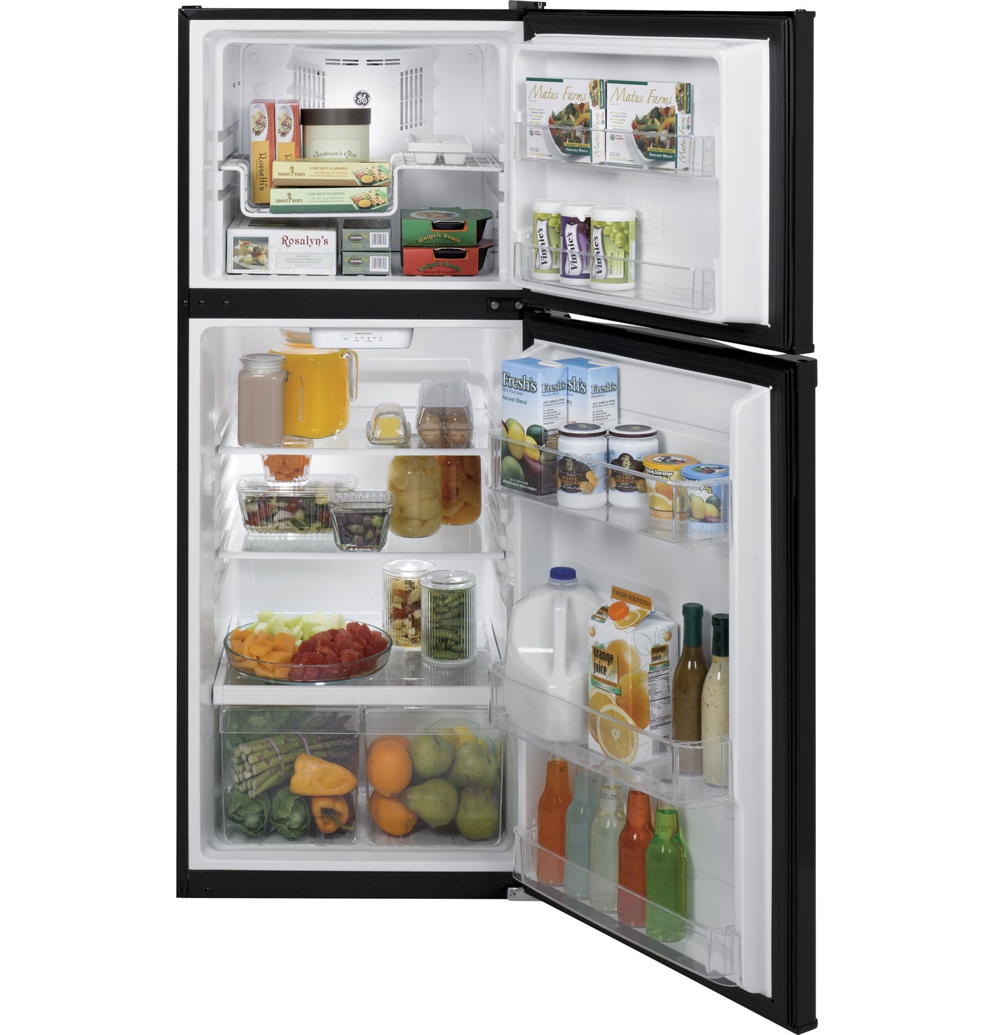 Open black top-freezer refrigerator filled with groceries from Refrigerators and Kitchen & Kitchenware collections