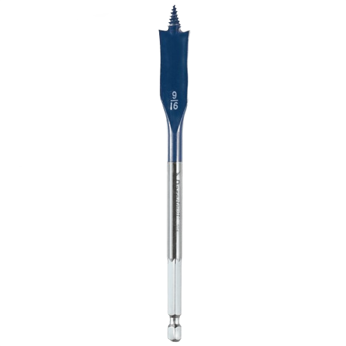 Blue and silver 9/16 inch spade drill bit with threaded tip for wood drilling in power tool accessories collection