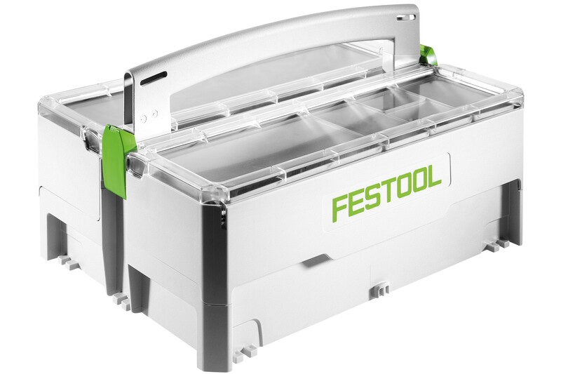 White and gray Festool storage box with clear lid, green latch, and integrated handle for workshop organization and tool storage