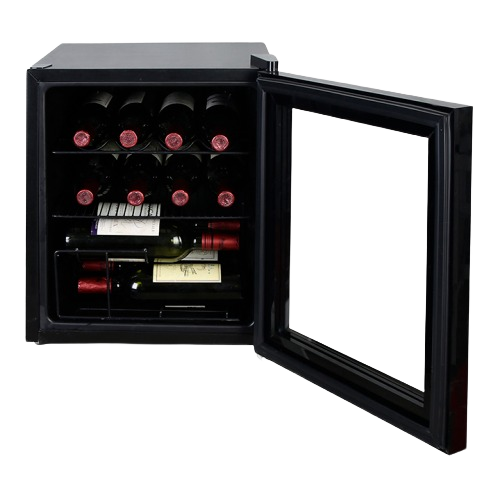 Compact black wine and beverage center with open glass door showing red wine bottles inside for kitchen appliances