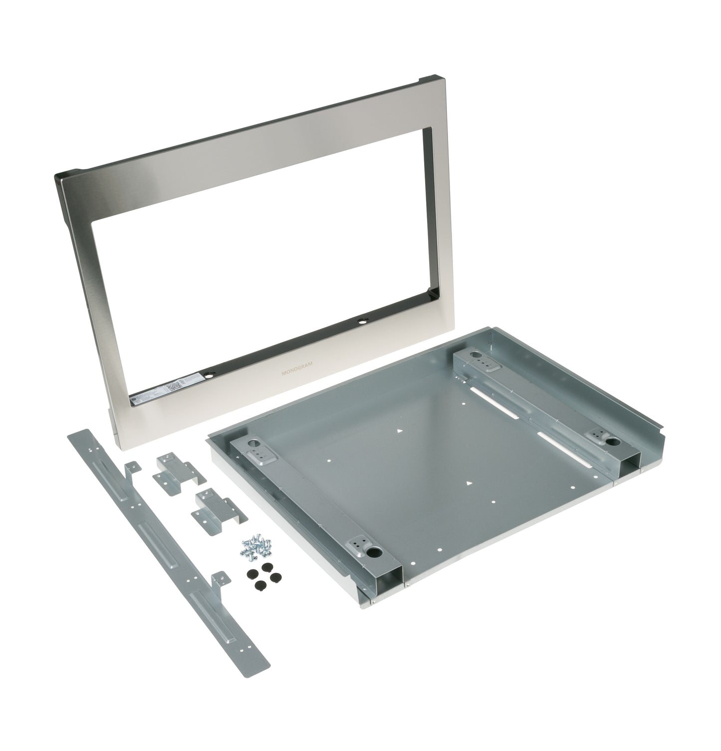 Stainless steel built-in kit components including frame, mounting bracket, and hardware for appliance installation and repair