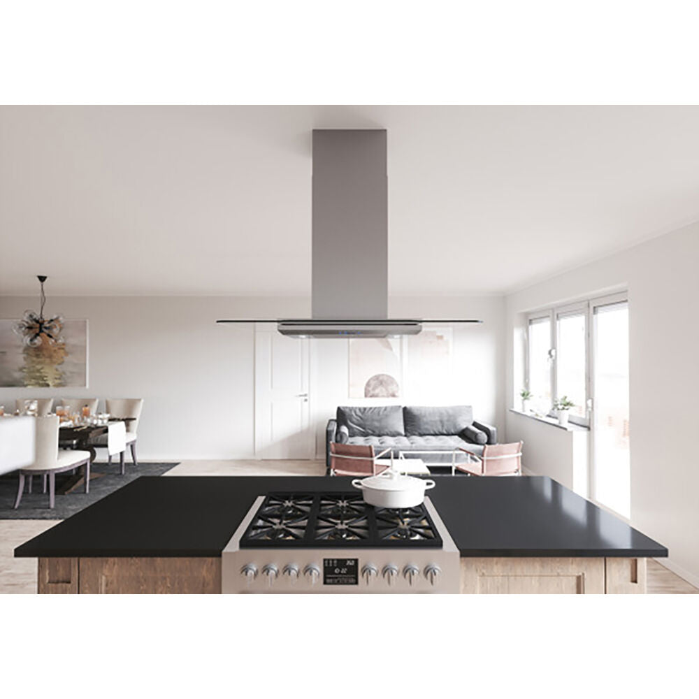 Contemporary kitchen with sleek black cooktop island and minimalist straight glass canopy range hood with LED lighting