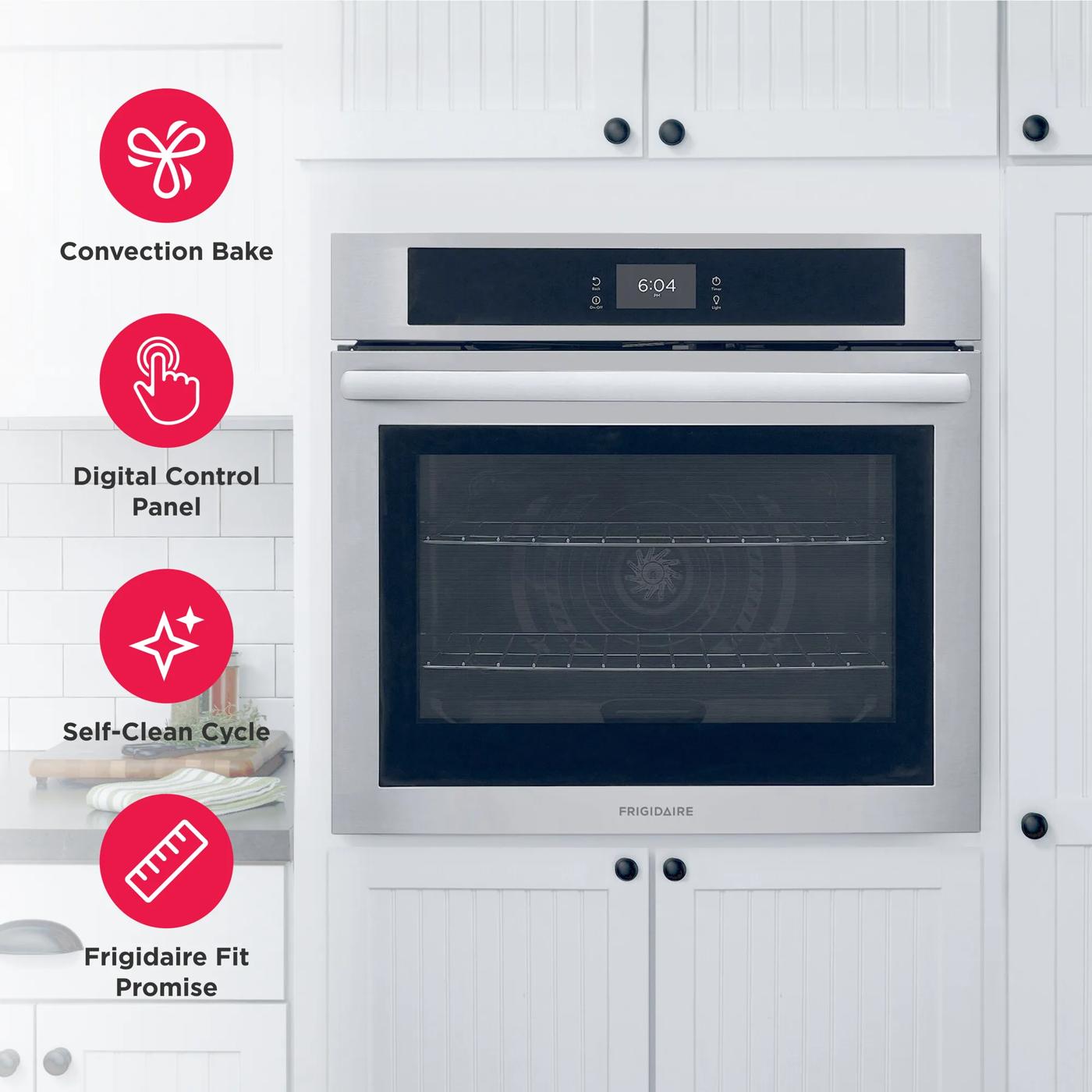 Built-in stainless steel wall oven featuring digital controls, convection bake, and self-cleaning in modern kitchen cabinetry.
