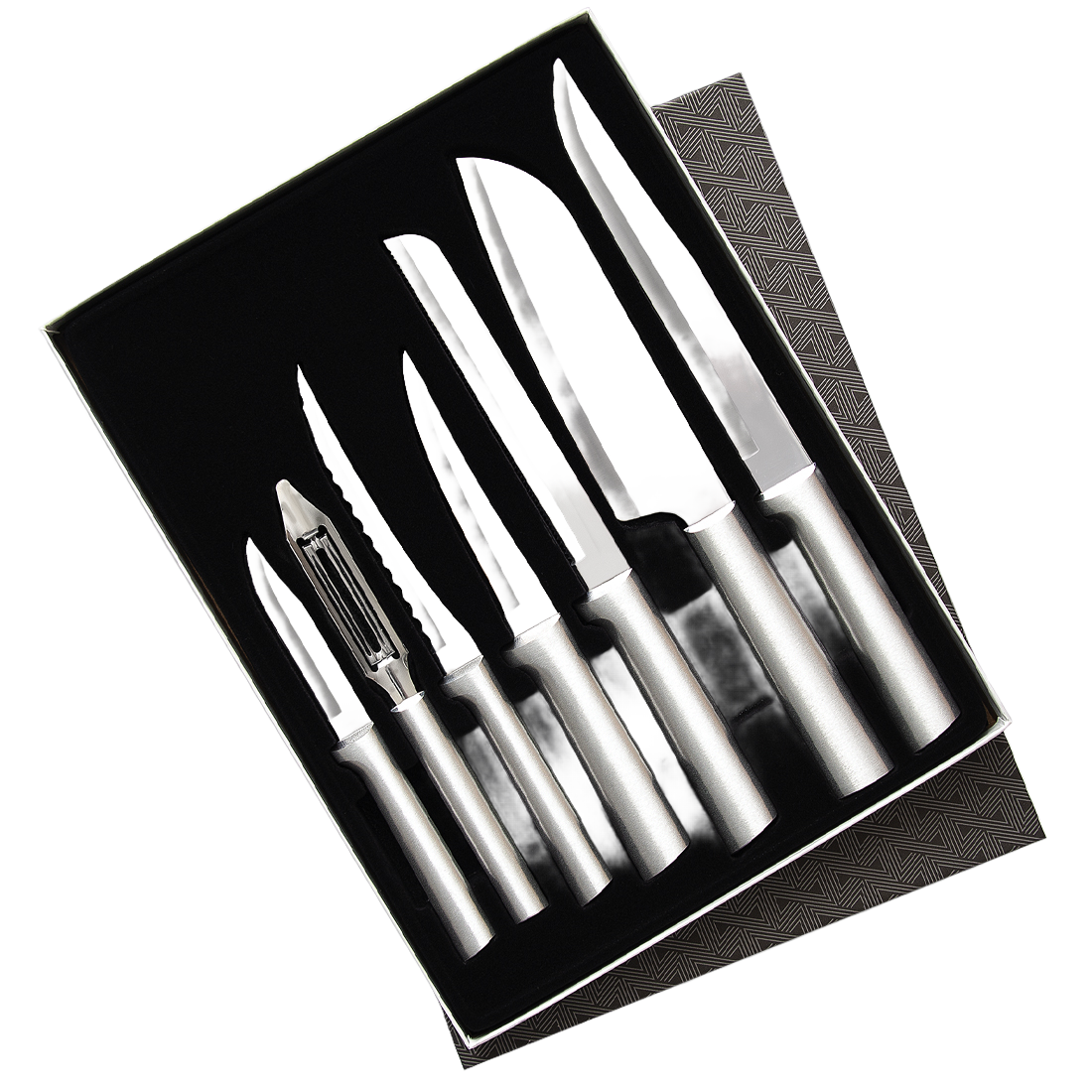 Seven-piece stainless steel kitchen knife and peeler set with silver handles, part of Kitchenware and Cooking Utensils collections under $100