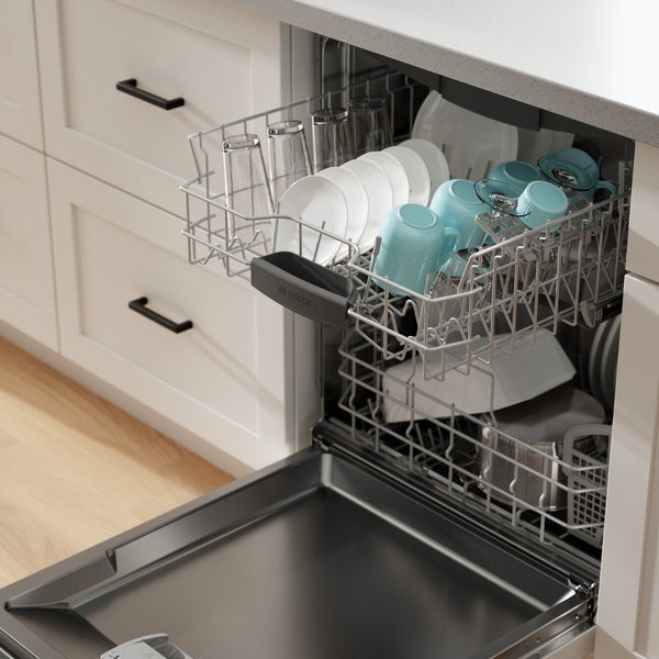 Open dishwasher displaying loaded upper rack with cups and plates in a modern kitchen setting for Bosch appliances