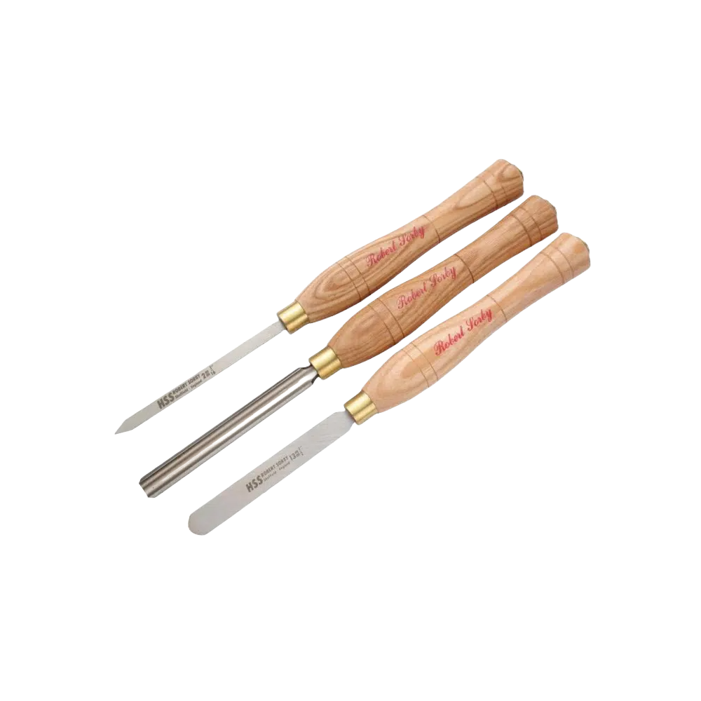 Set of three woodturning tools with ash handles and high-speed steel blades for woodworking and home improvement collections