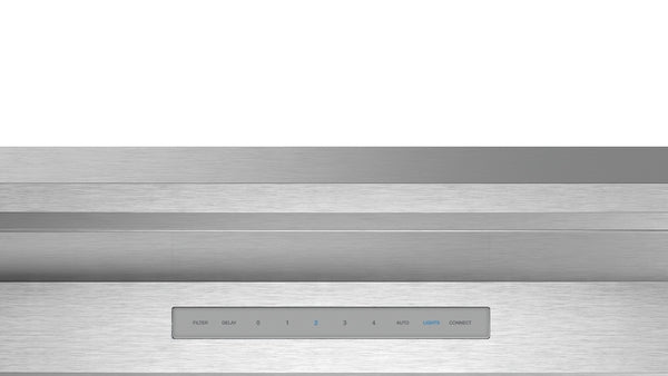 Brushed stainless steel hood control panel with illuminated blue LED indicators in Range Hoods and Appliances collections