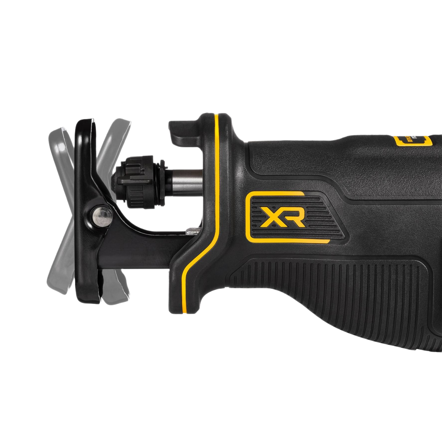 Close-up of DEWALT cordless reciprocating saw front with adjustable pivoting shoe for precision cutting tasks