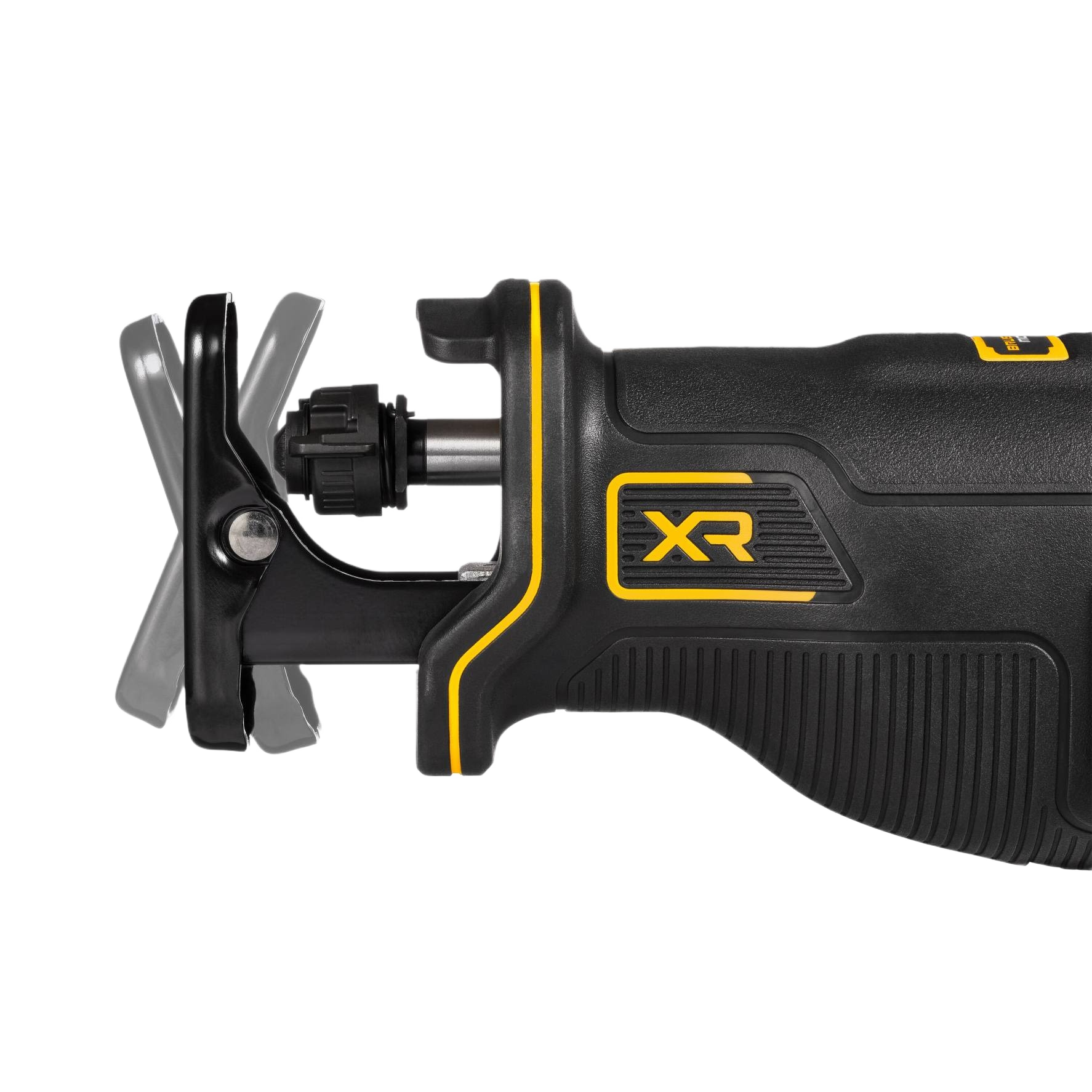 Close-up of DEWALT cordless reciprocating saw front with adjustable pivoting shoe for precision cutting tasks
