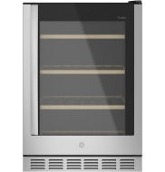 Stainless steel beverage center with glass door, wooden shelves, and ventilation grille in Refrigerators and Appliances collections