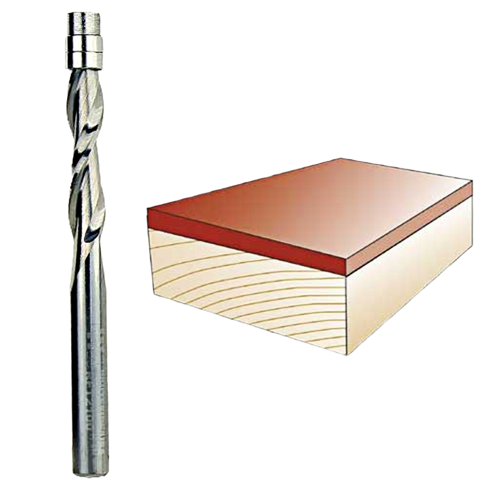 Spiral upcut flush trim router bit next to wood piece with smooth trimmed edge for tool accessories and home improvement