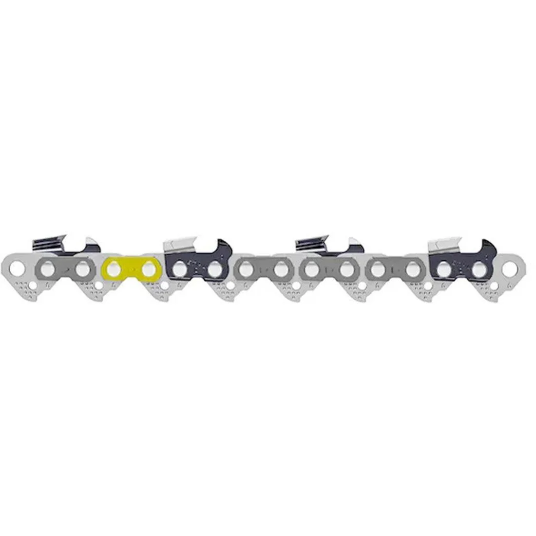 Close-up of a silver and black saw chain segment with 72 drive links, featuring the patented HEXA design for enhanced cutting performance in home improvement tools and STIHL parts accessories.