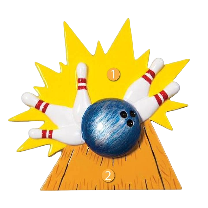 Bowling-themed ornament with a blue ball striking pins and a burst of yellow, festive Christmas décor under $50