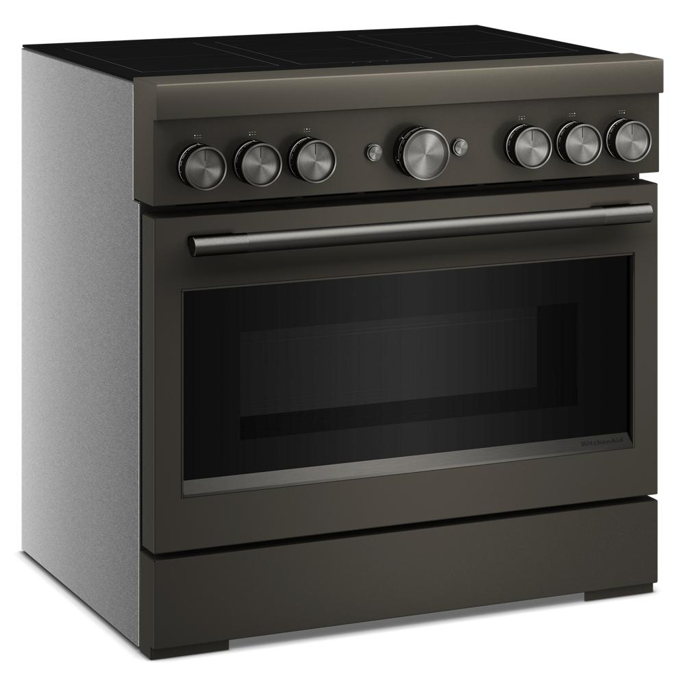 36-inch dark stainless steel induction range with six control knobs and large oven window from KitchenAid Appliances collection