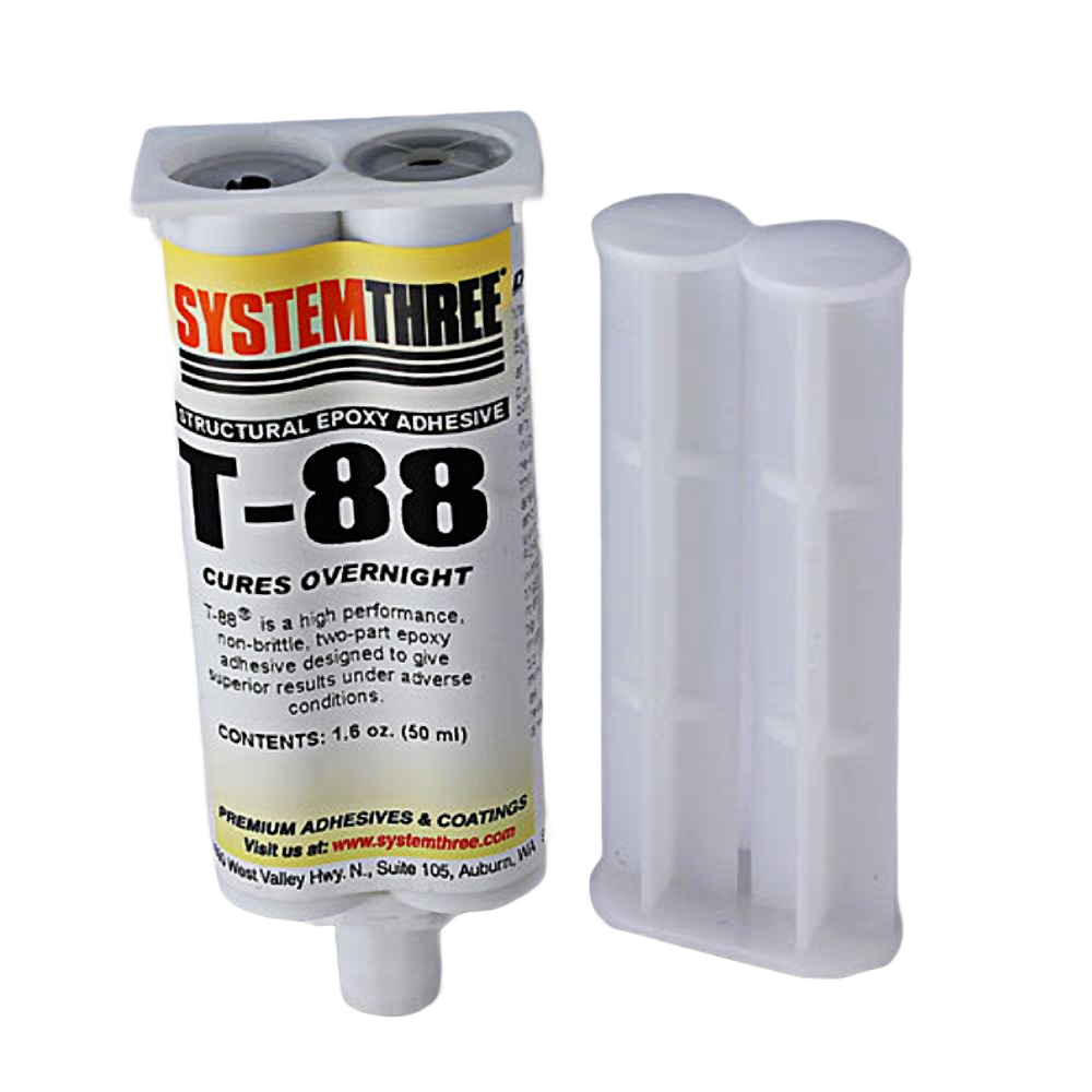 Two-part structural epoxy adhesive syringe with clear mixing nozzle for strong bond applications in home improvement and epoxy collections