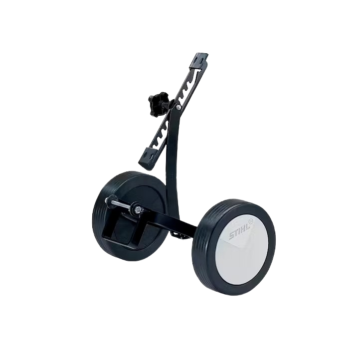 Pair of sturdy round wheels with black frame and adjustable handle designed for enhanced maneuverability in garden tools