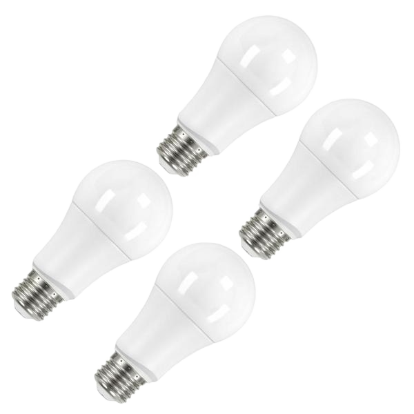 Four frosted LED light bulbs with medium bases, designed for energy-efficient home improvement lighting.