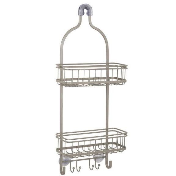 Nickel finish medium shower caddy with two storage baskets and hooks for bathroom organization and accessibility.