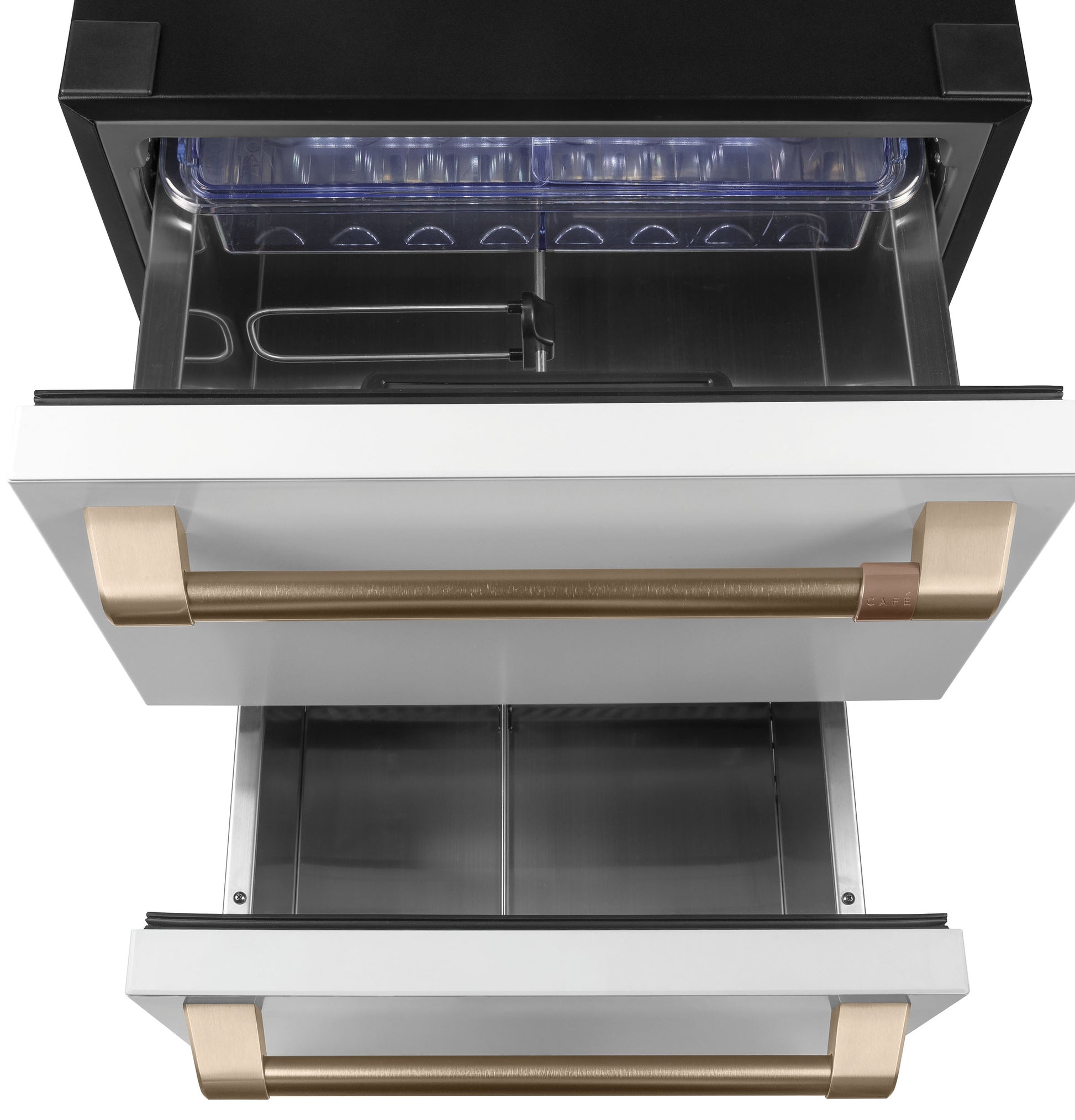 Top-down view of white built-in dual-drawer refrigerator with bronze handles in kitchen appliances collection