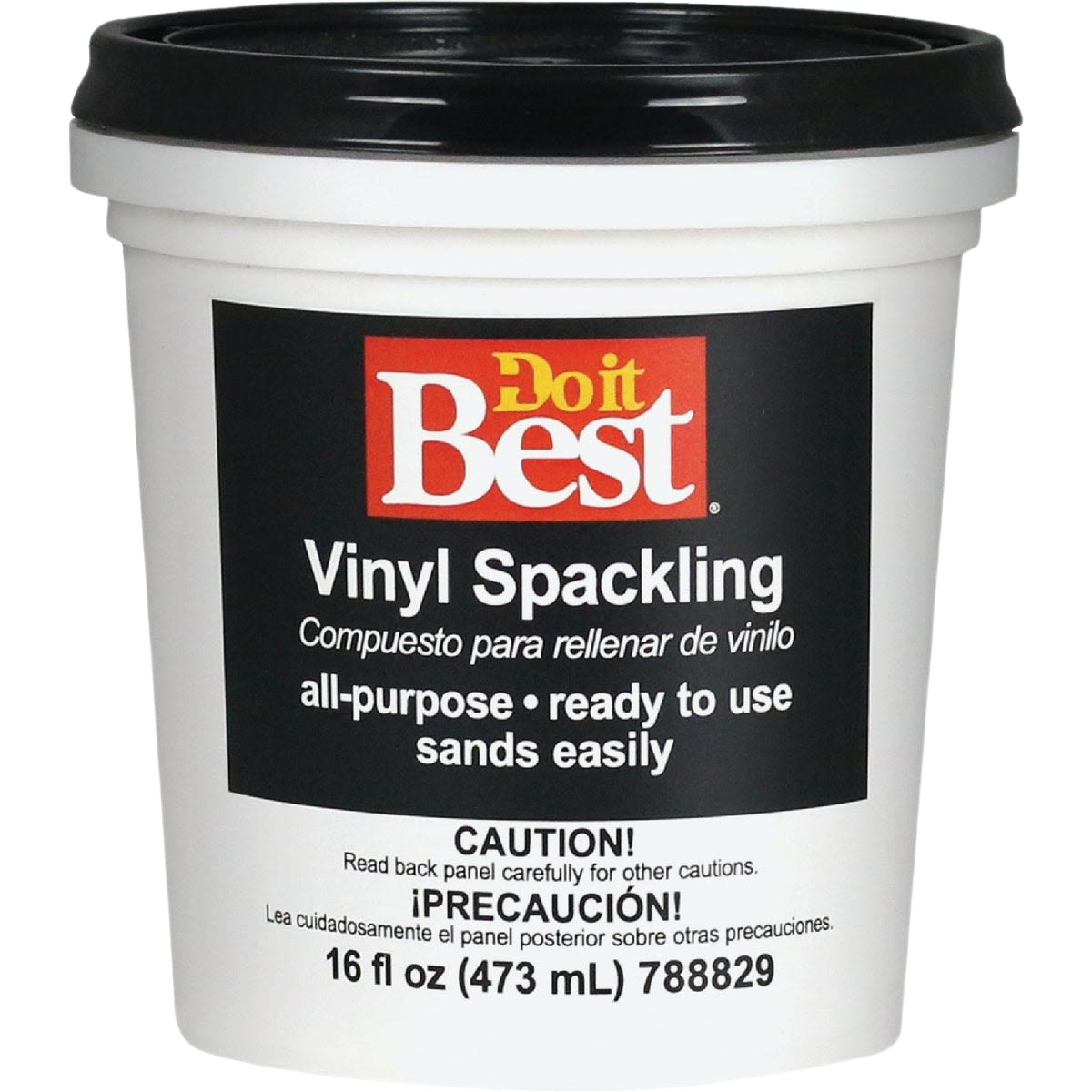 White container of all-purpose vinyl spackling paste with black lid for home improvement and repair projects