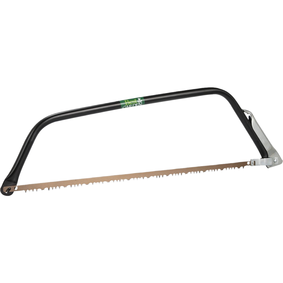 24-inch garden bow saw with black metal frame and sharp serrated blade for outdoor cutting and pruning tasks