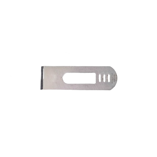 Steel block blade with a rectangular cutout designed for use in low angle block planes for woodworking tasks