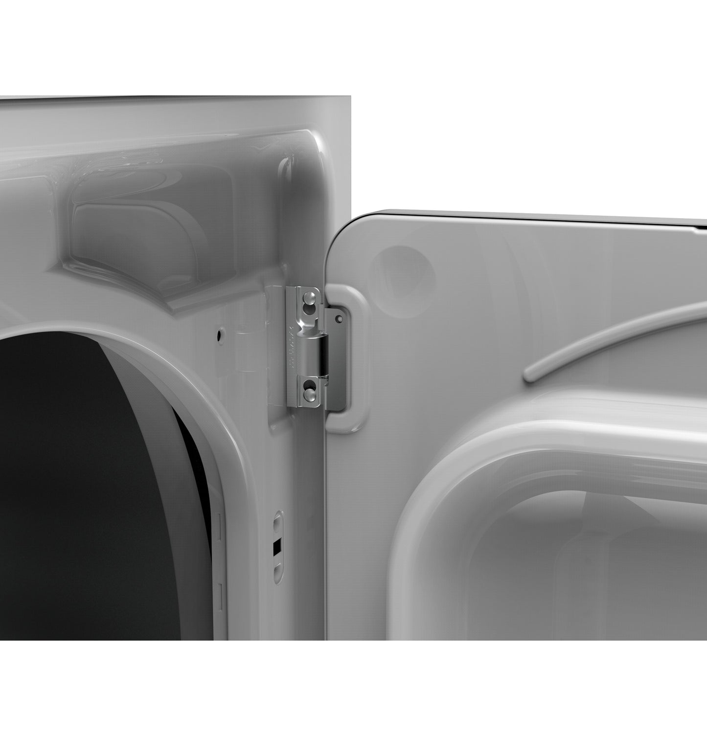Close-up of hinge on white electric dryer door highlighting durable construction for home improvement appliances.