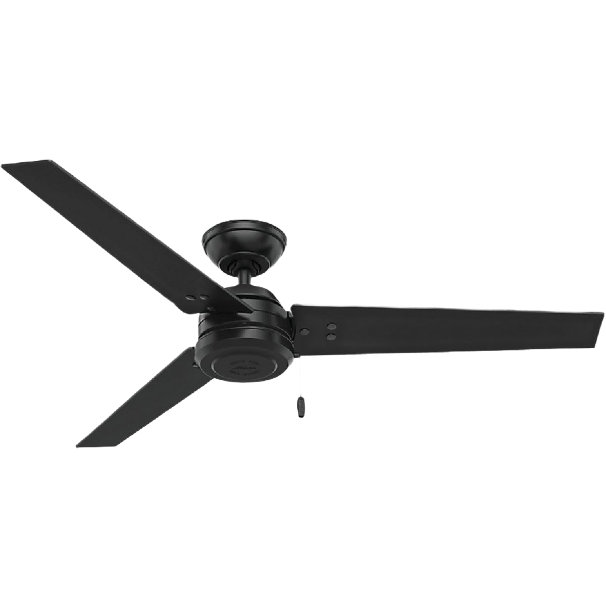 Matte black 52-inch ceiling fan with three blades, suitable for indoor and covered outdoor spaces in home decor.