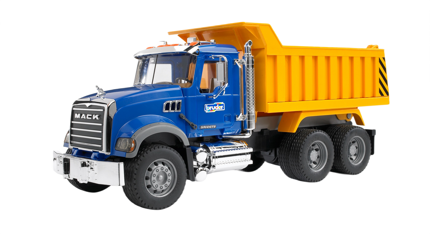 Blue cab Bruder MACK Granite dump truck with bright yellow tilting bed and realistic detailing for construction play