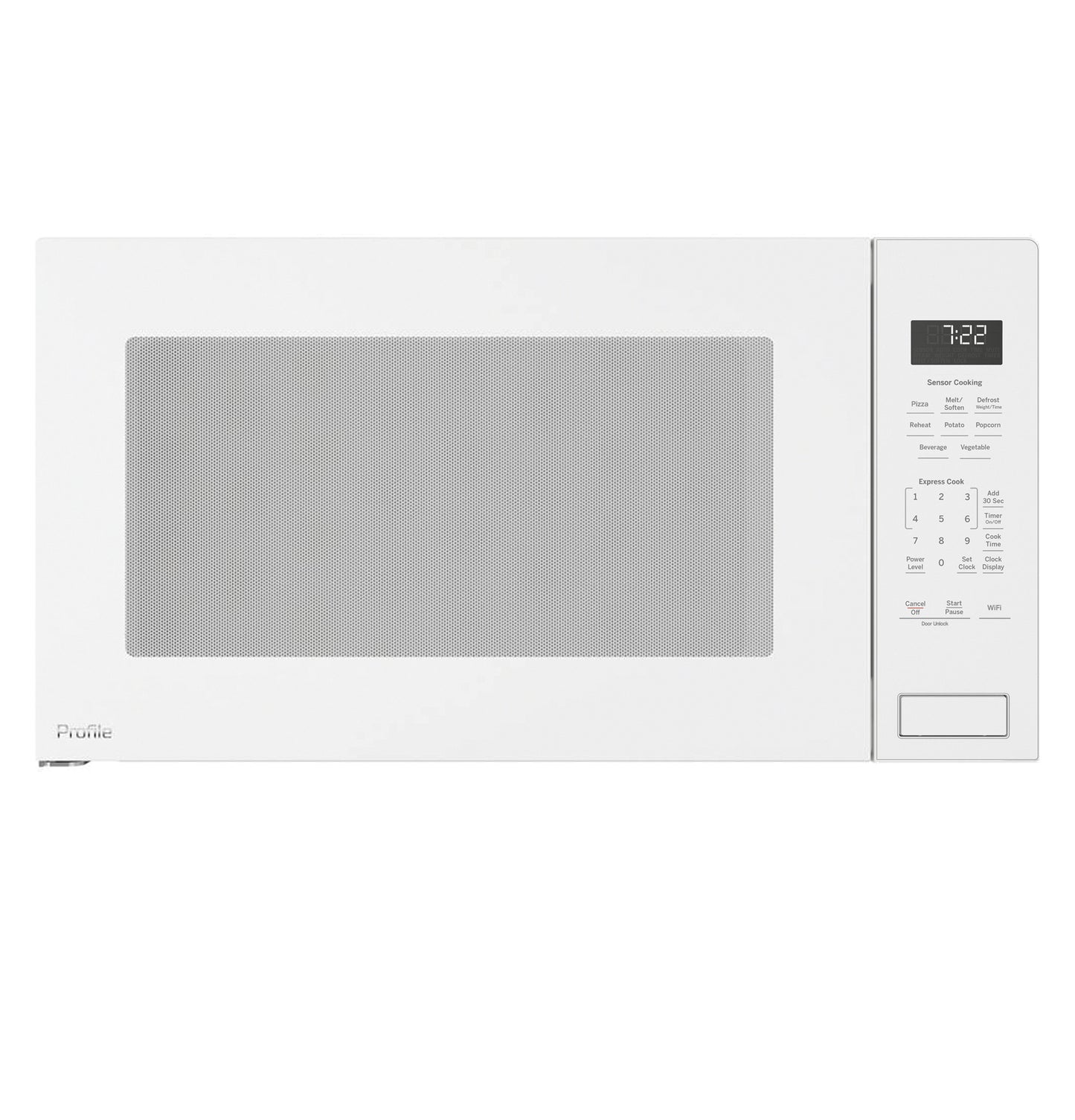 White built-in sensor microwave oven with digital display and control panel in kitchen appliances collection