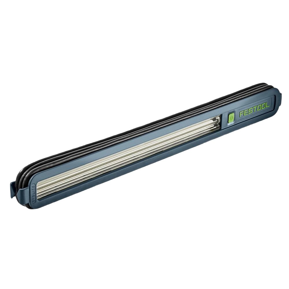 Slim black and gray surface control work light with linear LED strip and green power button for inspection tasks