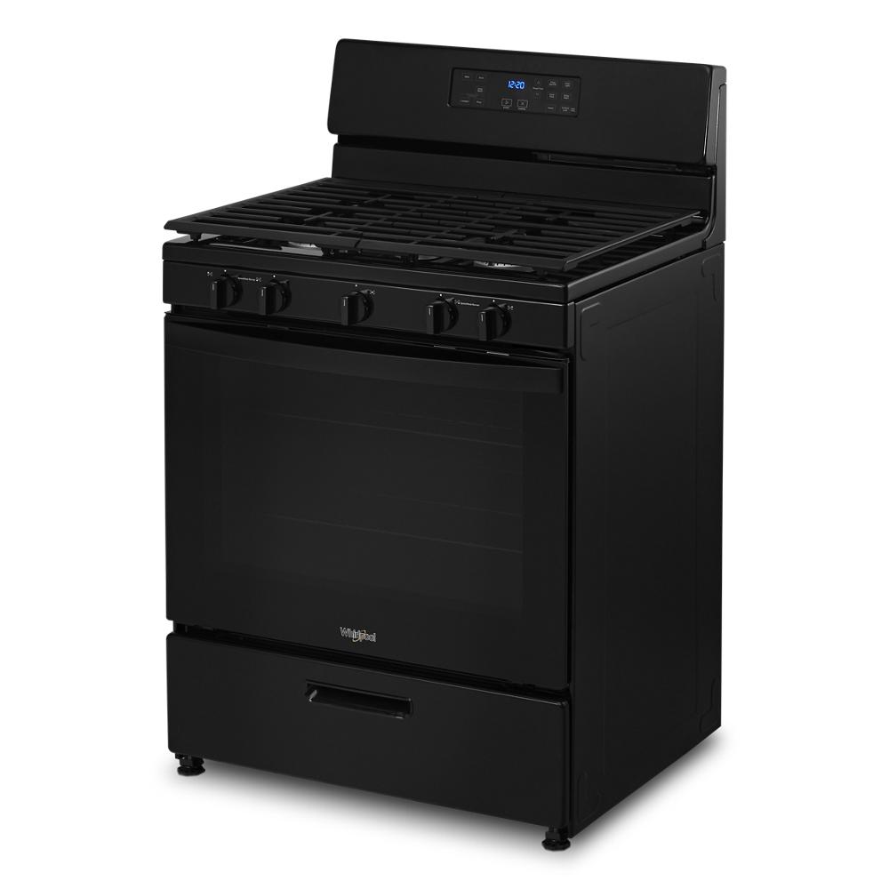 Freestanding black gas range with edge to edge cooktop grates, digital display, and control knobs for kitchen collections