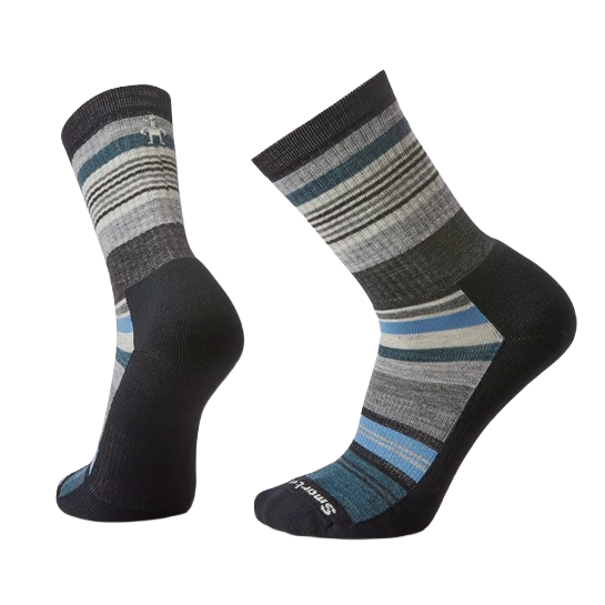 Pair of large black crew socks with striped pattern and light cushioning designed for everyday comfort use