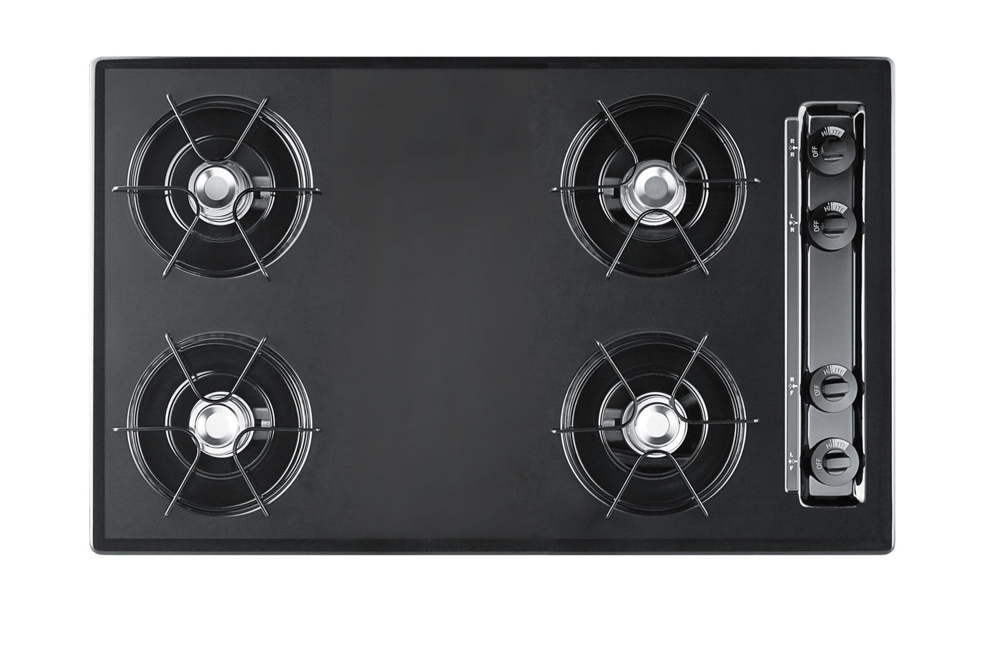 30-inch wide, four-burner black gas cooktop with control knobs for kitchen and appliances collections