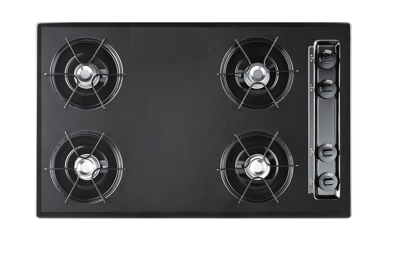 30-inch wide, four-burner black gas cooktop with control knobs for kitchen and appliances collections