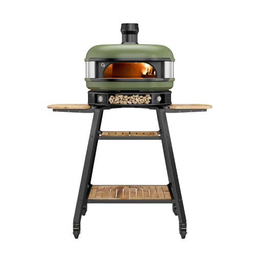 Free-standing metal and wooden stand with shelves and caster wheels for outdoor grilling and lawn garden use