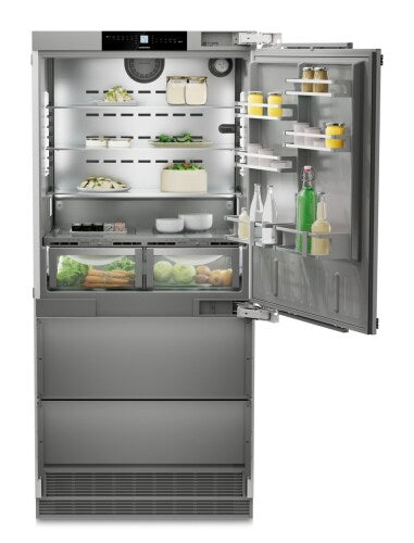 Built-in stainless steel refrigerator with ice maker, BioFresh drawers, right hinge, and adjustable shelves in Appliances collection