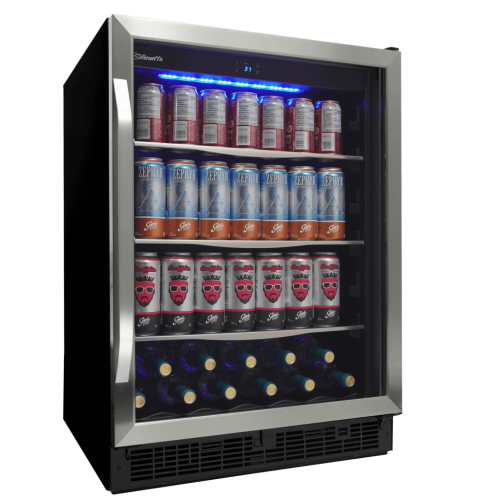 24-inch single zone beverage center with stainless steel frame, glass door, and illuminated interior shelves in Appliances collection