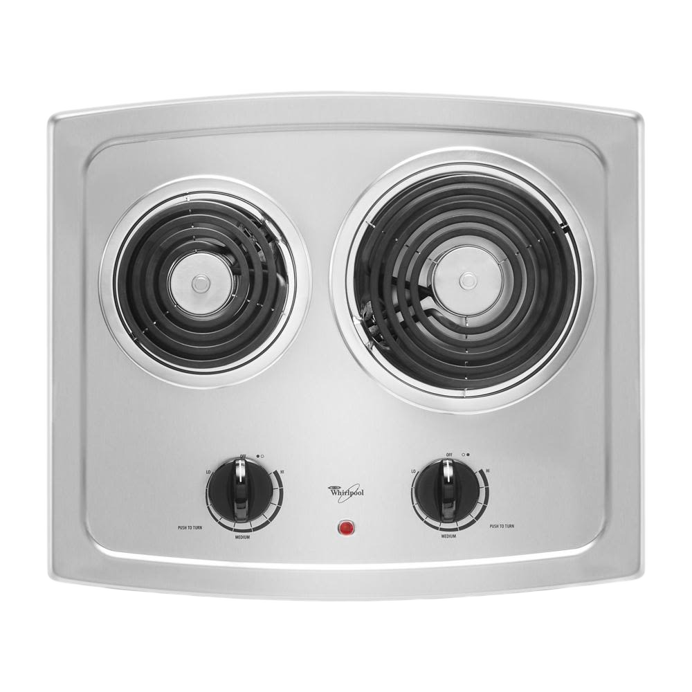 21-inch electric cooktop with stainless steel surface, two coil burners, and adjustable heat controls for kitchen appliances